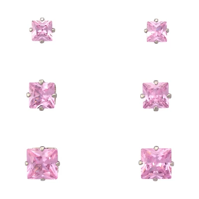 Multi-Pack Pink CZ Square Stud Earrings 3 Pairs - 20 Gauge
