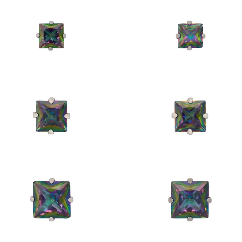 Multi-Pack Vitrail CZ Square Stud Earrings 3 Pairs - 20 Gauge
