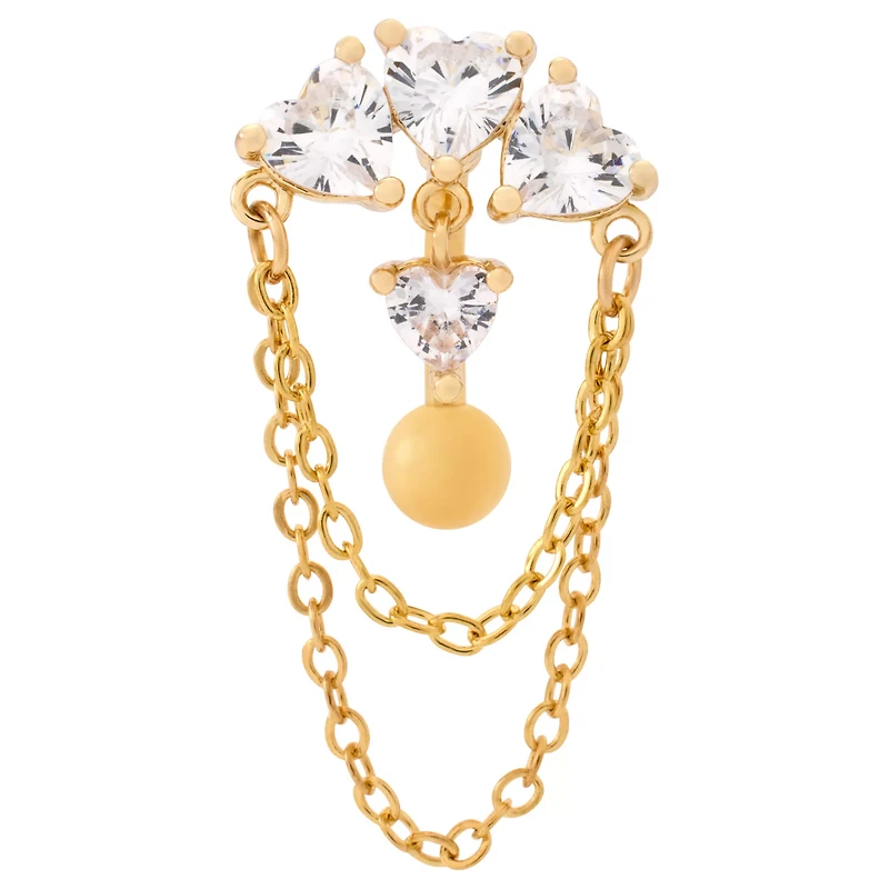 Clear CZ Heart Cluster Chain Gold-Plated Belly Ring - 14 Gauge