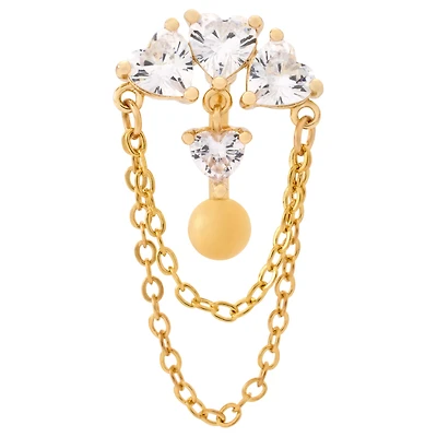 Clear CZ Heart Cluster Chain Gold-Plated Belly Ring - 14 Gauge
