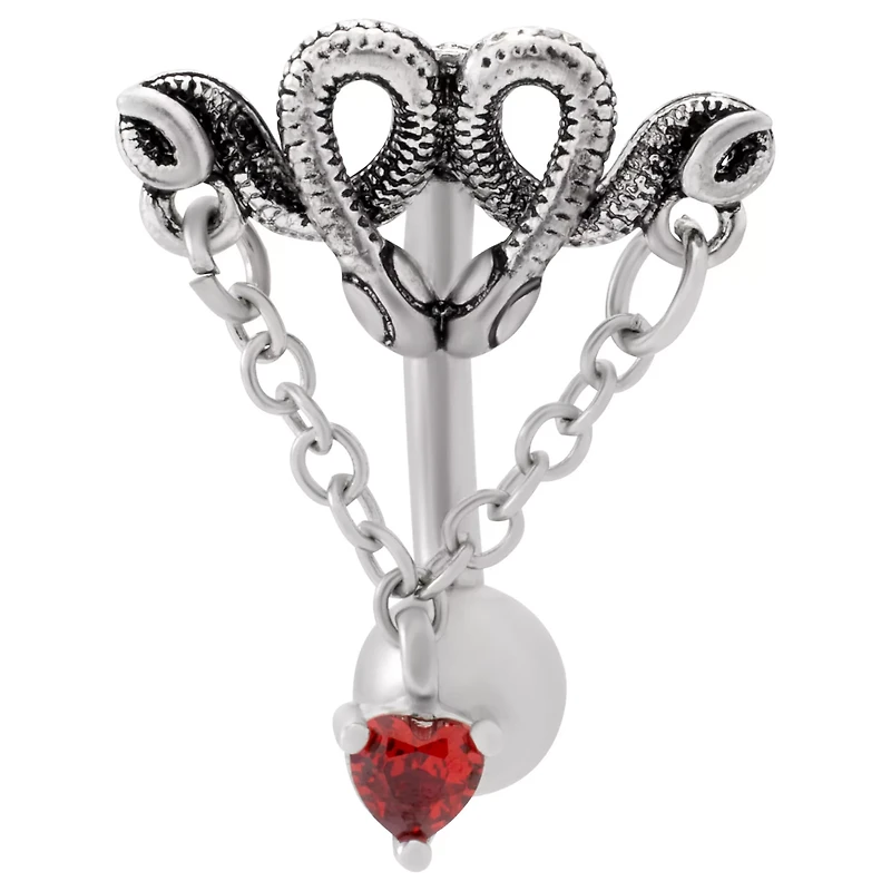 Red CZ Curled Snakes Chain Silver-Tone Belly Ring - 14 Gauge