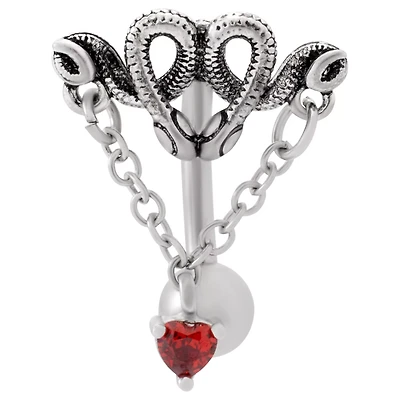 Red CZ Curled Snakes Chain Silver-Tone Belly Ring - 14 Gauge