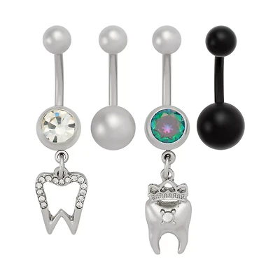 Multi-Pack CZ Iridescent Tooth Dangle Belly Rings 4 Pack - 14 Gauge