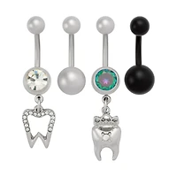 Multi-Pack CZ Iridescent Tooth Dangle Belly Rings 4 Pack - 14 Gauge