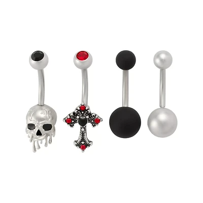 Multi-Pack Red CZ Cross and Skull Silver-Tone Belly Rings 4 Pack - 14 Gauge