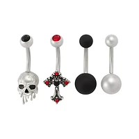Multi-Pack Red CZ Cross and Skull Silver-Tone Belly Rings 4 Pack - 14 Gauge