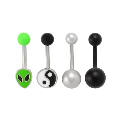 Multi-Pack Alien and Yin Yang Belly Rings 4 Pack - 14 Gauge