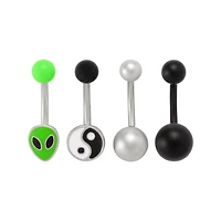Multi-Pack Alien and Yin Yang Belly Rings 4 Pack - 14 Gauge