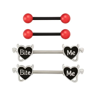 Multi-Pack Bite Me Heart and Basic Nipple Barbells 2 Pair - 14 Gauge