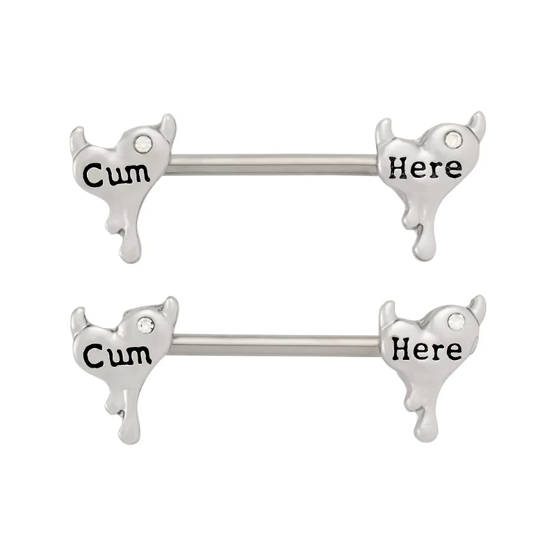 Cum Here Heart Silver-Tone Nipple Barbells - 14 Gauge