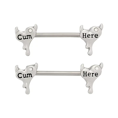Cum Here Heart Silver-Tone Nipple Barbells - 14 Gauge