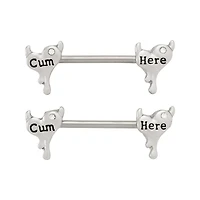 Cum Here Heart Silver-Tone Nipple Barbells - 14 Gauge