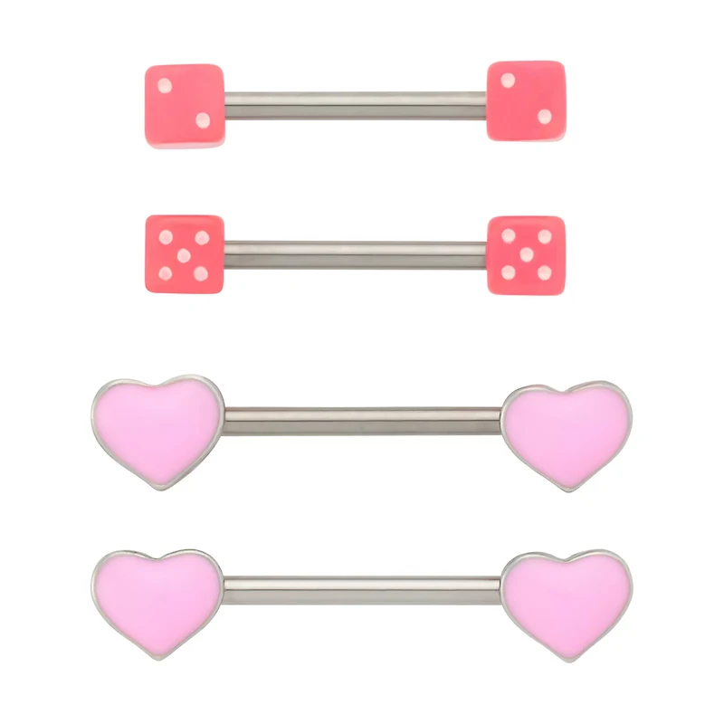 Multi-Pack Pink Heart and Dice Nipple Barbells 2 Pair - 14 Gauge