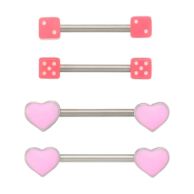 Multi-Pack Pink Heart and Dice Nipple Barbells 2 Pair - 14 Gauge