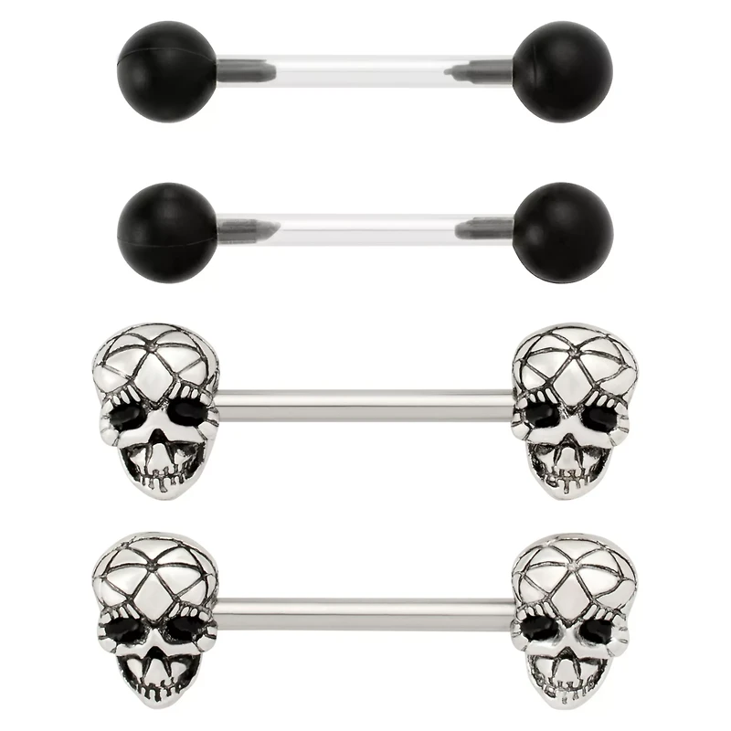 Multi-Pack Geometric Skull and Basic Nipple Barbells 2 Pair - 14 Gauge