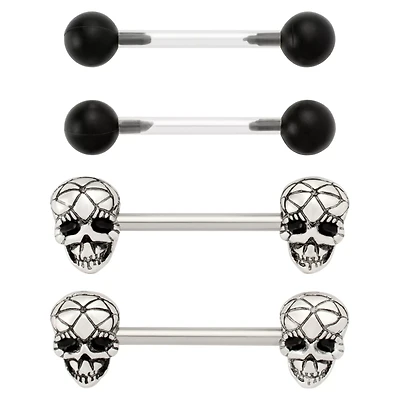 Multi-Pack Geometric Skull and Basic Nipple Barbells 2 Pair - 14 Gauge