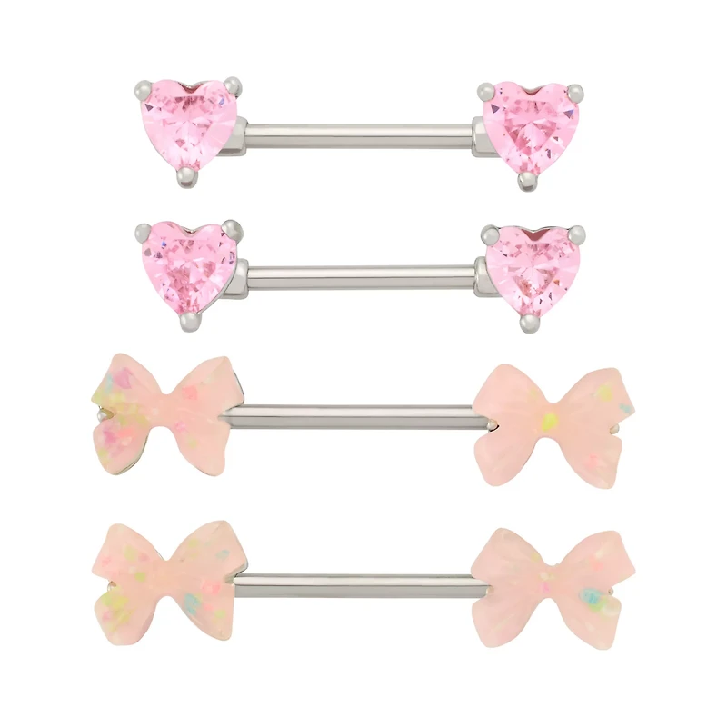 Multi-Pack Pink CZ Heart and Bow Silver-Tone Nipple Barbells 2 Pair - 14 Gauge
