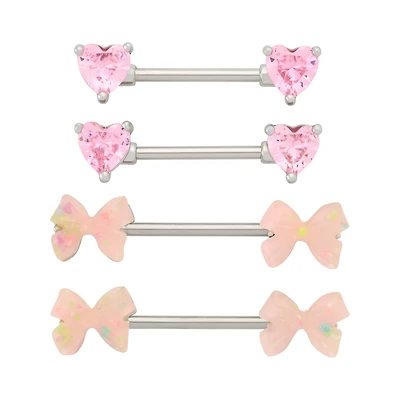 Multi-Pack Pink CZ Heart and Bow Silver-Tone Nipple Barbells 2 Pair - 14 Gauge
