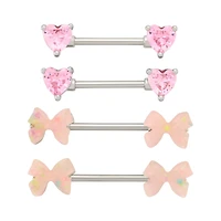 Multi-Pack Pink CZ Heart and Bow Silver-Tone Nipple Barbells 2 Pair - 14 Gauge