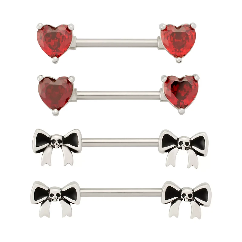 Multi-Pack Red CZ Heart and Skull Bow Nipple Barbells 2 Pair - 14 Gauge