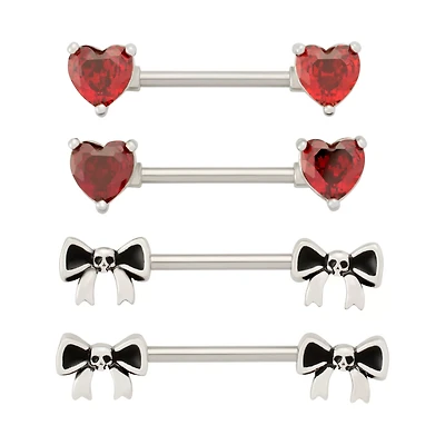 Multi-Pack Red CZ Heart and Skull Bow Nipple Barbells 2 Pair - 14 Gauge