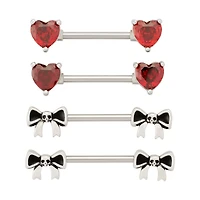 Multi-Pack Red CZ Heart and Skull Bow Nipple Barbells 2 Pair - 14 Gauge