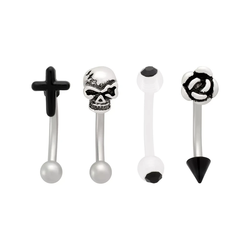 Multi-Pack Black CZ Gothic Silver-Tone Curved Barbells 4 Pack - 16 Gauge