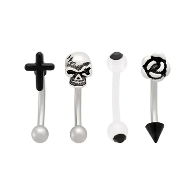 Multi-Pack Black CZ Gothic Silver-Tone Curved Barbells 4 Pack - 16 Gauge