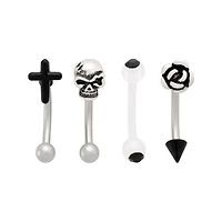 Multi-Pack Black CZ Gothic Silver-Tone Curved Barbells 4 Pack - 16 Gauge