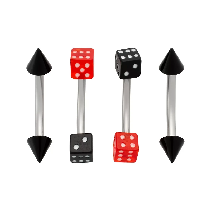 Multi-Pack Black and Red Dice Silver-Tone Spike Curved Barbells 4 Pack - 16 Gauge