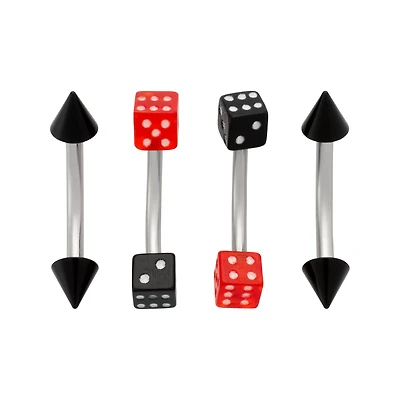 Multi-Pack Black and Red Dice Silver-Tone Spike Curved Barbells 4 Pack - 16 Gauge