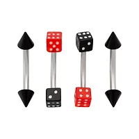 Multi-Pack Black and Red Dice Silver-Tone Spike Curved Barbells 4 Pack - 16 Gauge