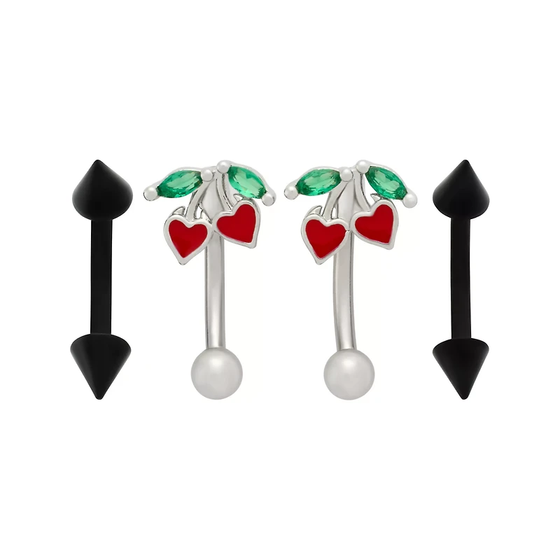 Multi-Pack Green CZ Heart Cherry Black and Silver-Tone Curved Barbells 4 Pack - 16 Gauge
