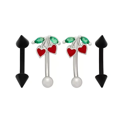 Multi-Pack Green CZ Heart Cherry Black and Silver-Tone Curved Barbells 4 Pack - 16 Gauge