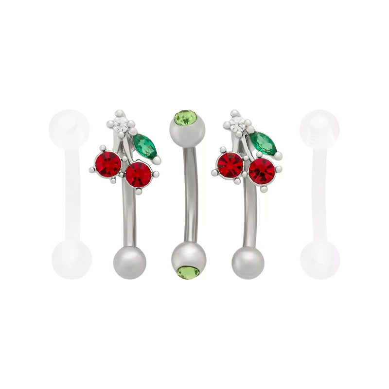 Multi-Pack Red and Green CZ Cherry Silver-Tone and Clear Curved Barbells 5 Pack - 16 Gauge