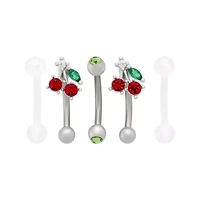 Multi-Pack Red and Green CZ Cherry Silver-Tone and Clear Curved Barbells 5 Pack - 16 Gauge