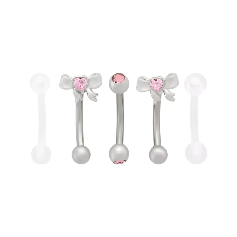 Multi-Pack Pink CZ Heart Bow Silver-Tone Curved Barbells 5 Pack - 16 Gauge