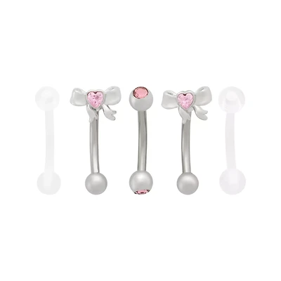 Multi-Pack Pink CZ Heart Bow Silver-Tone Curved Barbells 5 Pack - 16 Gauge