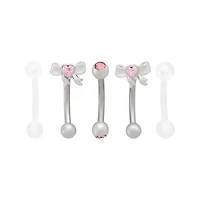 Multi-Pack Pink CZ Heart Bow Silver-Tone Curved Barbells 5 Pack - 16 Gauge