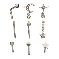 Multi-Pack CZ Star Dangle Pin L-Bend and Hoop Nose Ring 9 Pack - 20 Gauge