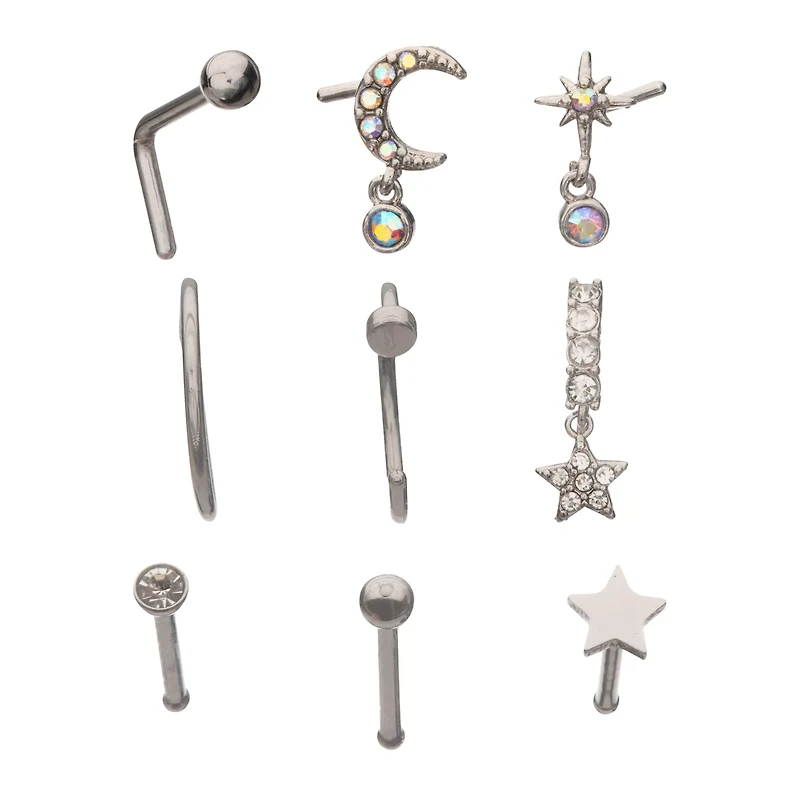 Multi-Pack CZ Star Dangle Pin L-Bend and Hoop Nose Ring 9 Pack - 20 Gauge