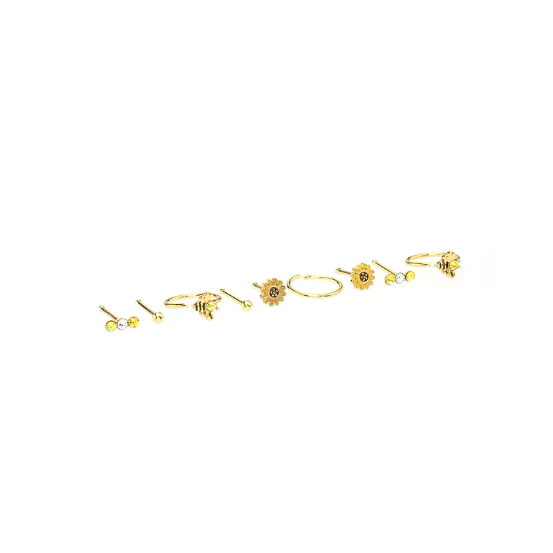 Multi-Pack Round CZ Goldtone Sunflower Nose Rings 9 Pack - 20 Gauge