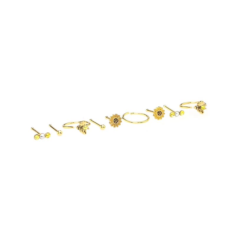 Multi-Pack Round CZ Goldtone Sunflower Nose Rings 9 Pack - 20 Gauge