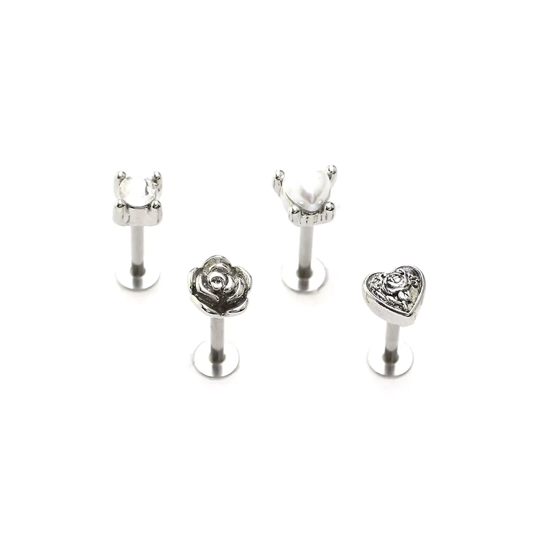 Multi-Pack Clear CZ and Pearl-Effect Antique Heart and Rose Labret Rings 4 Pack - 16 Gauge
