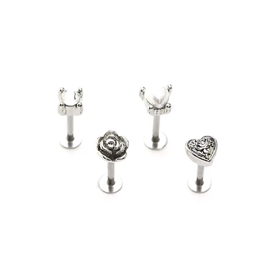 Multi-Pack Clear CZ and Pearl-Effect Antique Heart and Rose Labret Rings 4 Pack - 16 Gauge