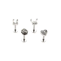 Multi-Pack Clear CZ and Pearl-Effect Antique Heart and Rose Labret Rings 4 Pack - 16 Gauge