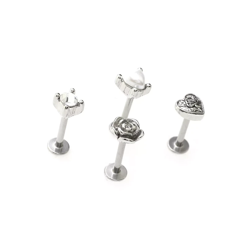 Multi-Pack Clear CZ and Pearl-Effect Antique Heart and Rose Labret Rings 4 Pack - 16 Gauge