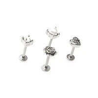 Multi-Pack Clear CZ and Pearl-Effect Antique Heart and Rose Labret Rings 4 Pack - 16 Gauge
