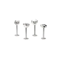 Multi-Pack Clear CZ and Pearl-Effect Antique Heart and Rose Labret Rings 4 Pack - 16 Gauge