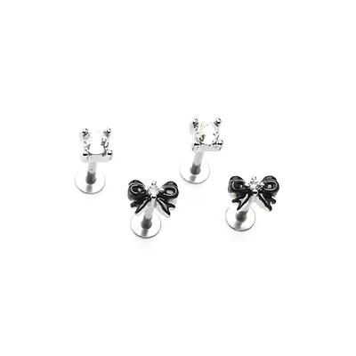 Multi-Pack Clear CZ and Black Bow Labret Rings 4 Pack - 16 Gauge